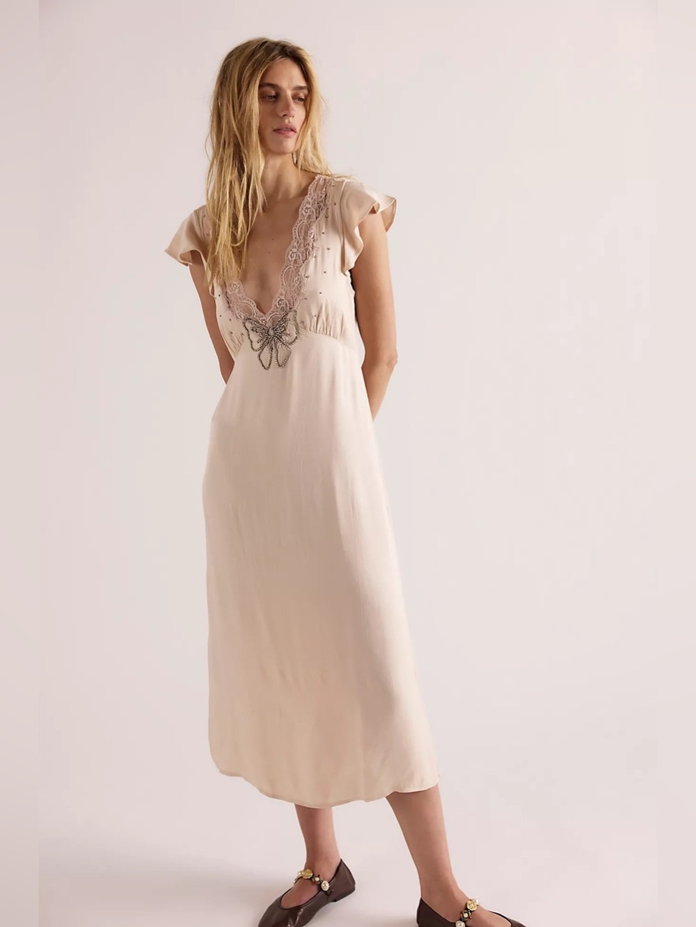 Free People Tied With Joy Midi Dress in Pastel Rose Tan S